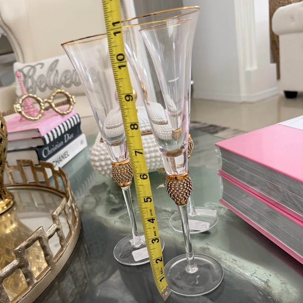 Set of 3 Z Gallerie Elegant Gold and Clear Champagne Flutes